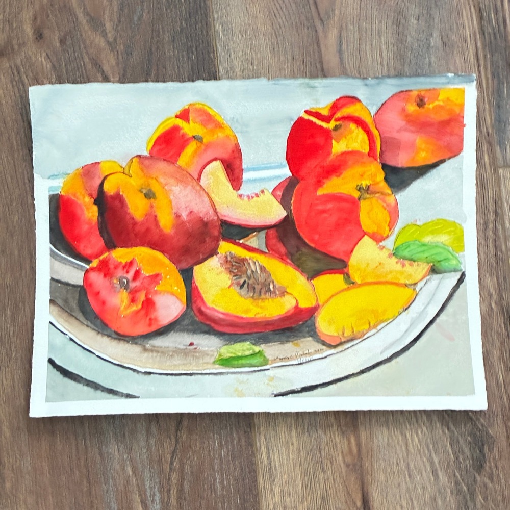 Peaches on Plate Still Life 2020 Warren C Plauche Original Watercolor Painting